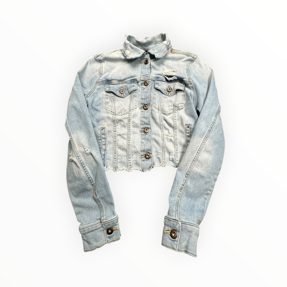 Poison Mushroom Denim Jacket Womens S Light Blue Cropped Distressed‎ Raw Trucker
